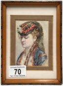 A bust portrait of a beautiful young lady, unsigned watercolour on paper, 19th century,