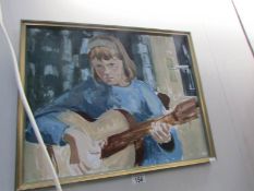 A painting of a young girl playing a guitar