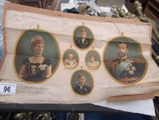 An early 20th century silk depicting The Duke and Duchess of Cornwall and York with family,