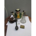 A Wood's teapot, a silver rimmed perfume bottle missing stopper,