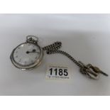 A silver pocket watch on a silver Albert chain (watch needs attention)