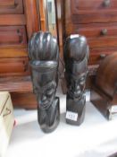 2 carved hard wood African heads