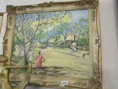 A native colonial scene oil on board in white frame,