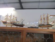 3 model galleons and a galleon in bottle