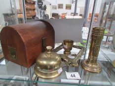 A dome top trinket box and 5 items of brass ware including photo frame and bell