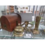 A dome top trinket box and 5 items of brass ware including photo frame and bell