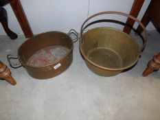 A brass jam pan and a copper pan