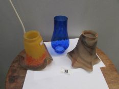 2 coloured glass lamp shades and a blue glass oil lamp chimney