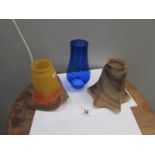 2 coloured glass lamp shades and a blue glass oil lamp chimney