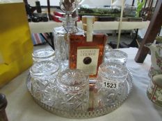A decanter and six glasses on a silver plated tray together with a bottle of sloe gin