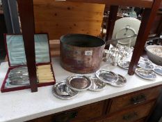 A large Victorian copper saucepan, silver plated cups,