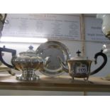 2 silver plate teapots and a tray