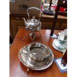 A silver plated spirit kettles, coaster,