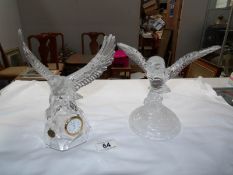 A glass owl figure and a glass eagle as a clock