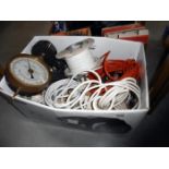 A box of miscellaneous items including furniture fittings, cable,