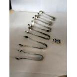 6 pairs of hall marked silver sugar tongs, approximately 4.