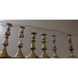 3 pairs of Victorian brass candlesticks