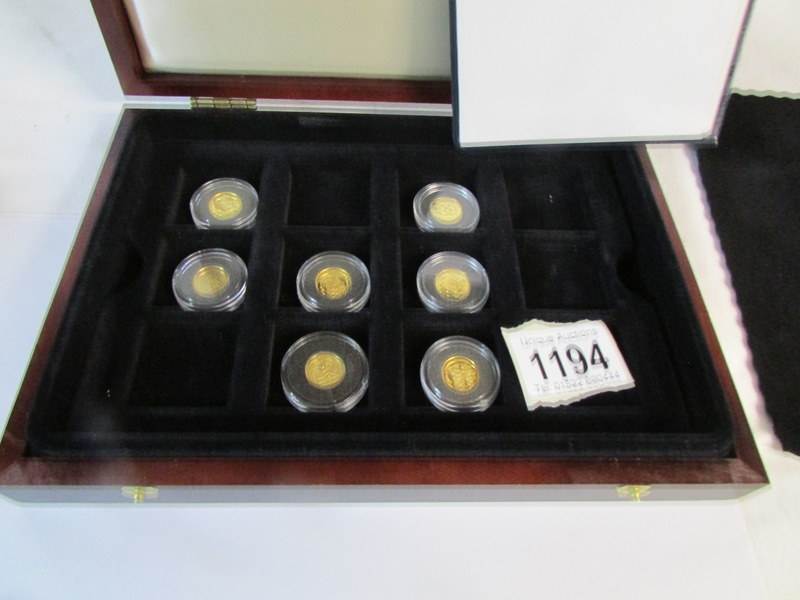 7 gold coins from 'The Smallest Gold Coin of the World Collection' with certificates, 24 carat gold,