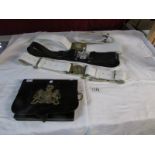 4 military belts (3 with regimental badges) and an officer's pouch with royal crest