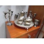 A mixed lot of silver plate including tea set