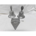 2 WW2 Churchill Victory bells and an ashtray,
