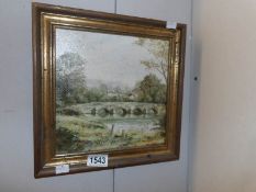 An oil painting of a rural village scene featuring a stone bridge over river signed Mike Knight