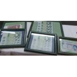 3 framed and glazed sets of £1 bank notes,