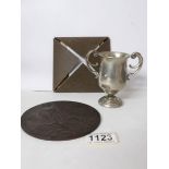 A first world ware memorial plaque for William James Brooks together with a silver trophy inscribed
