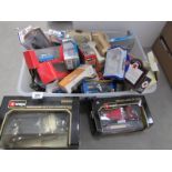 A large box of mixed die cast, boxed and unboxed including Burago,