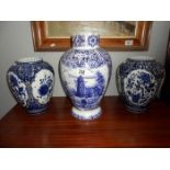 A pair of blue and white vases and one other A/F