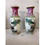 A pair of 20th century Chinese famille rose hand painted vases with calligraphy on reverse