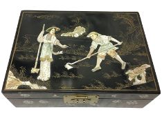 A Chinese lacquered jewellery box with gold and silver decoration and mother of pearl figure