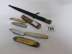 6 old pen knives and an unusual military miniature bayonet paper knife