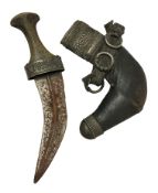 A Jambaya Islamic dagger with rhino horn handle and silver banded scabbard