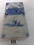 2 18/19th blue and white Delft tiles