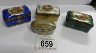 3 hand painted pill/trinket boxes and one other