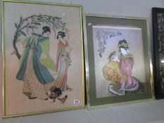 A Japanese framed and glazed embroidered panel and one other oriental picture on silver paper