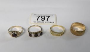 4 9ct gold rings including wedding band, various stone etc,