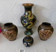 A pair of cloissonne vases, one other and and cloissonne lidded pot,