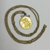 A 1906 gold sovereign made in to a pendant of a 9ct gold chain (chain 6 gms)