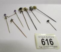 6 antique stick pins, one stamped C H (Charles Horner),