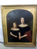 A large 19th century oil portrait of a mother and daughter, unsigned, approximate overall size 41.