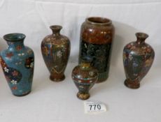 5 antique cloissonne vases