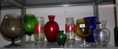 9 coloured glass vases