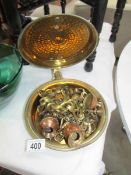 A small warming pan and quantity of miniature brass items