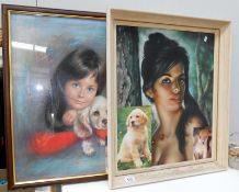A framed and glazed pastel portrait of a girl and a print
