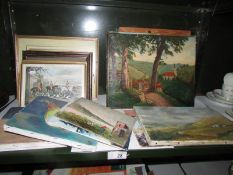 2 shelves of paintings and prints