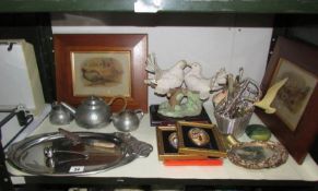 A mixed lot including pewter tea set,