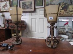 A pair of wrought brass table lamps with glass shade (will need rewiring)