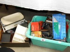 A box of assorted tools and a box of scales etc